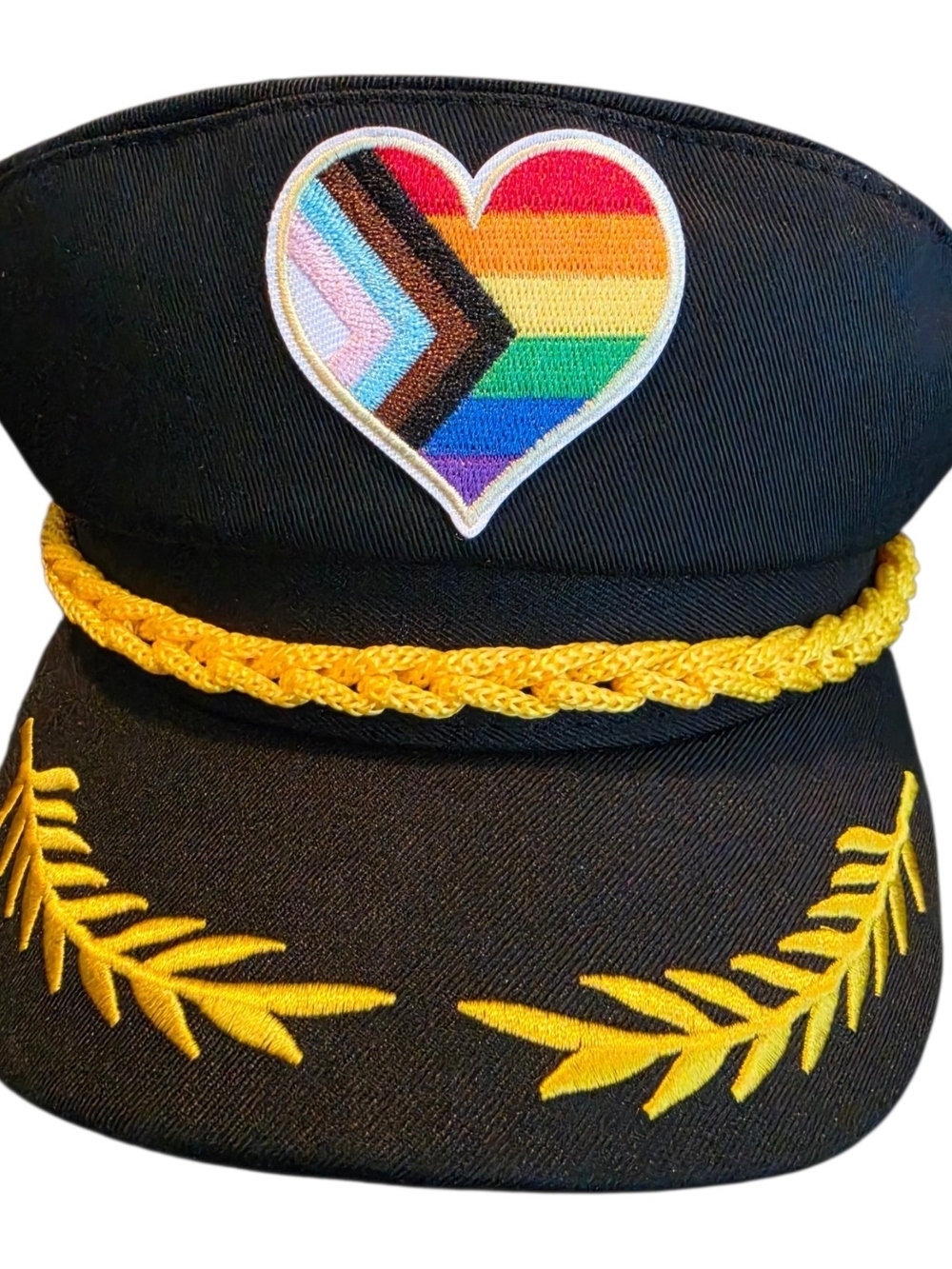 LGBTQ+ Progress Pride Heart Captain Hat Black Festival Parade Party Costume Cap